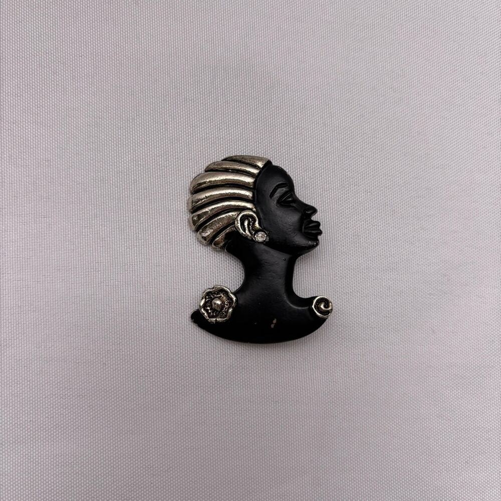 Vintage African Black and Silver Women's Pin Brooch